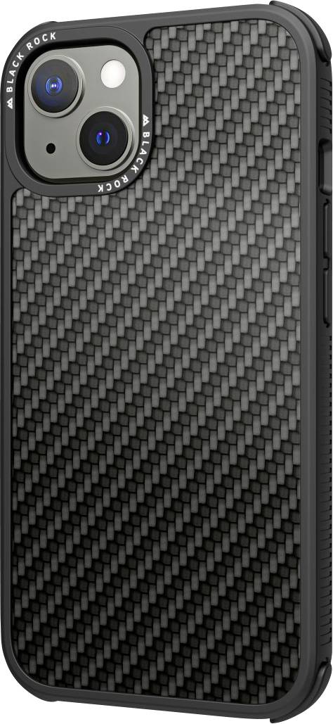 Black smartphone with structured back design in carbon fibre finish. Dual camera on the rear.