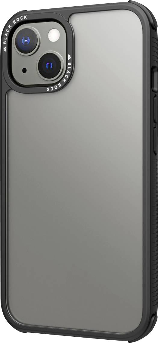 A smartphone with a black protective case. The camera has two lenses and is positioned in the top left of the device's rear.