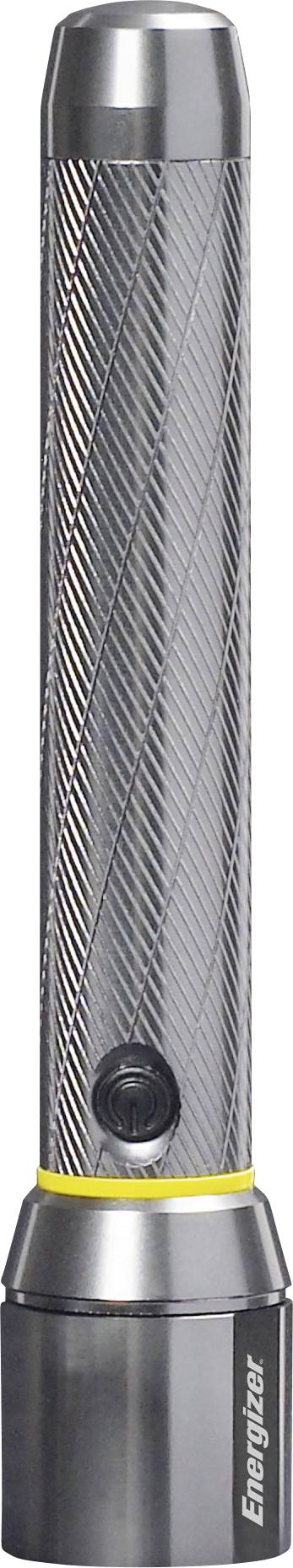 A silver torch with a textured grip and yellow accents, standing upright.