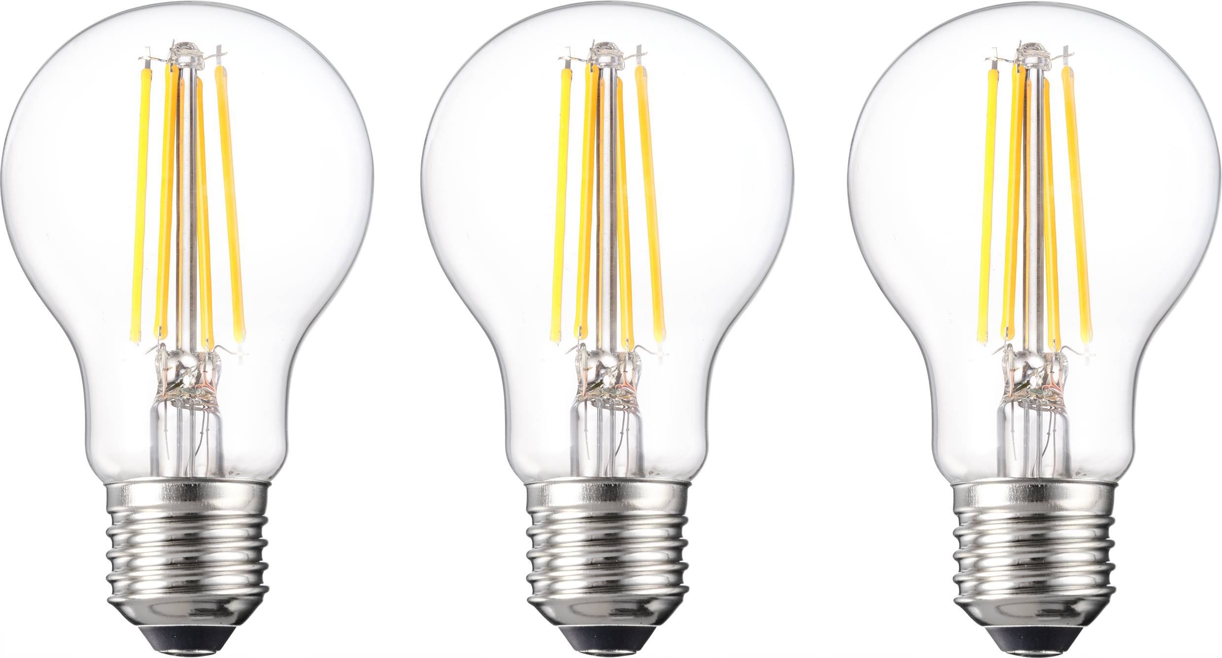 Three clear LED light bulbs with yellow filaments, evenly placed side by side. Each bulb displays the classic light bulb design.