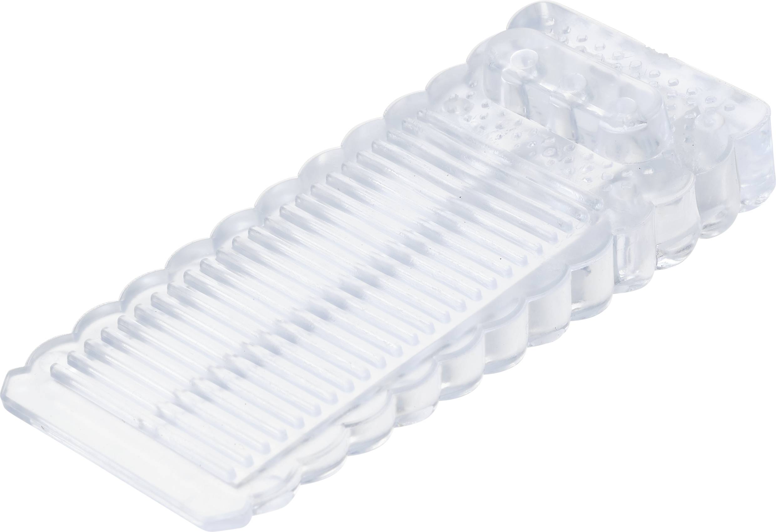 A transparent plastic ice cube tray with multiple round compartments that appear stackable.