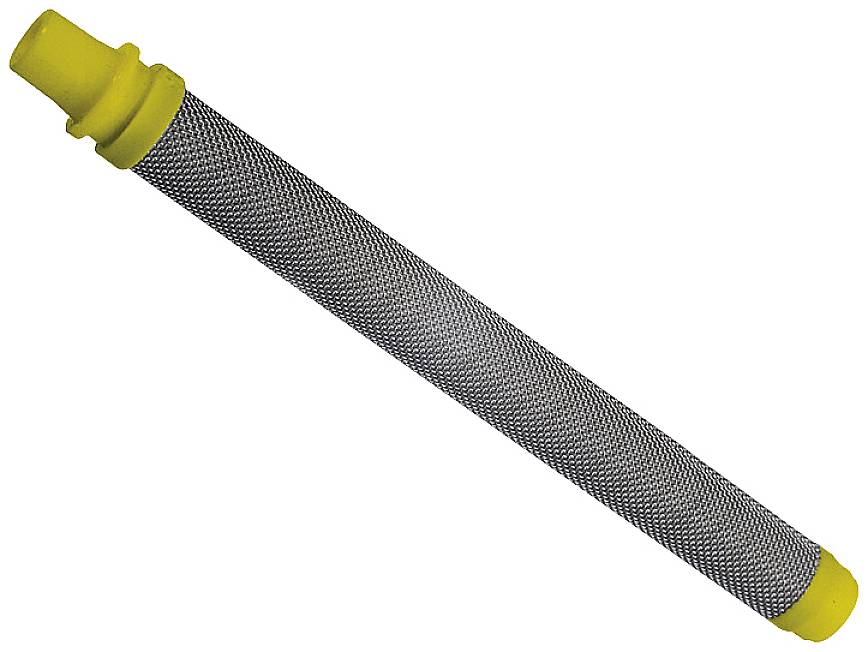 Long cylindrical metal filter with yellow end caps, potentially for industrial or technical applications.