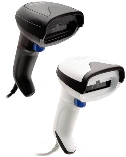 Two barcode scanners, one black, one white, side by side with cables. They are suitable for scanning barcodes in shops.