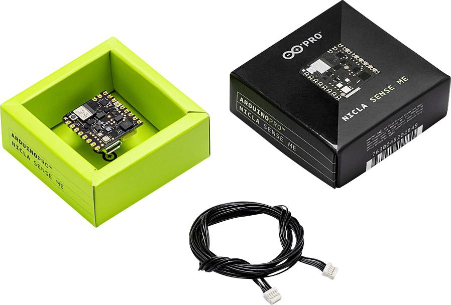 Two Arduino microcontrollers in open boxes, one in green, one in black, with a black connecting cable beside them.