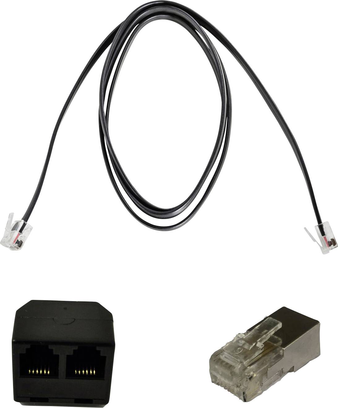 A black Ethernet cable with two RJ-11 plugs, a black dual-port adapter, and a transparent RJ-45 plug.