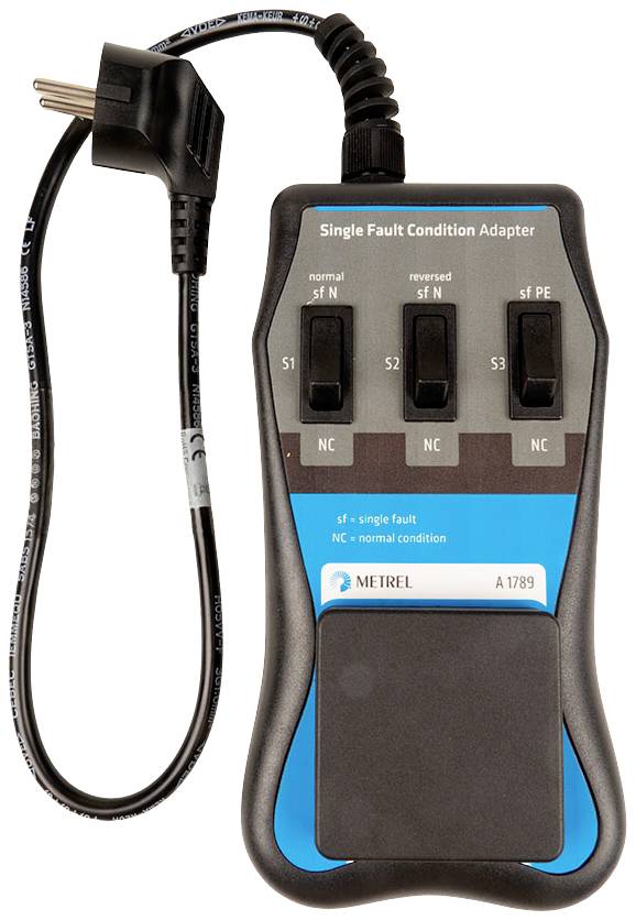 A 'Single Fault Condition Adapter' with three switches for normal, reversed and single fault conditions, by Metrel.