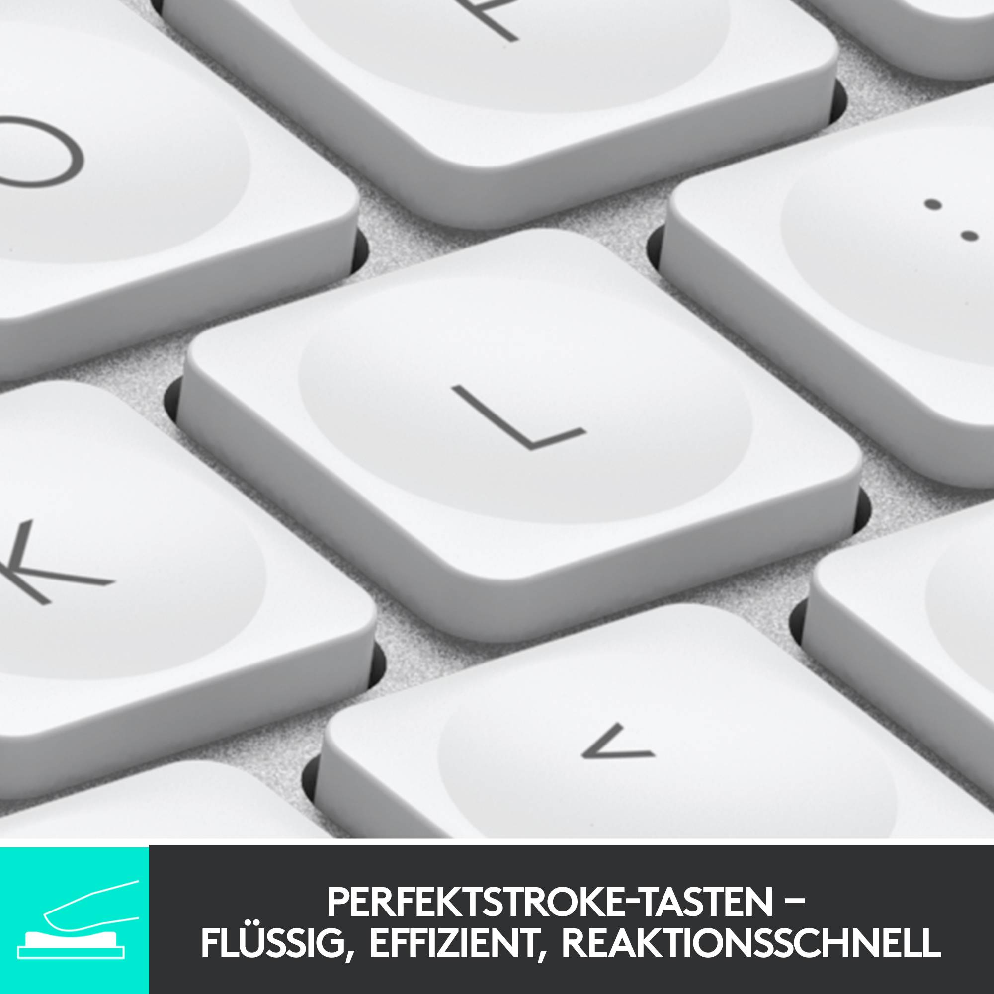 Keyboard with large, white keys. Text underneath: 'Perfectstroke Keys – Smooth, Efficient, Responsive'.