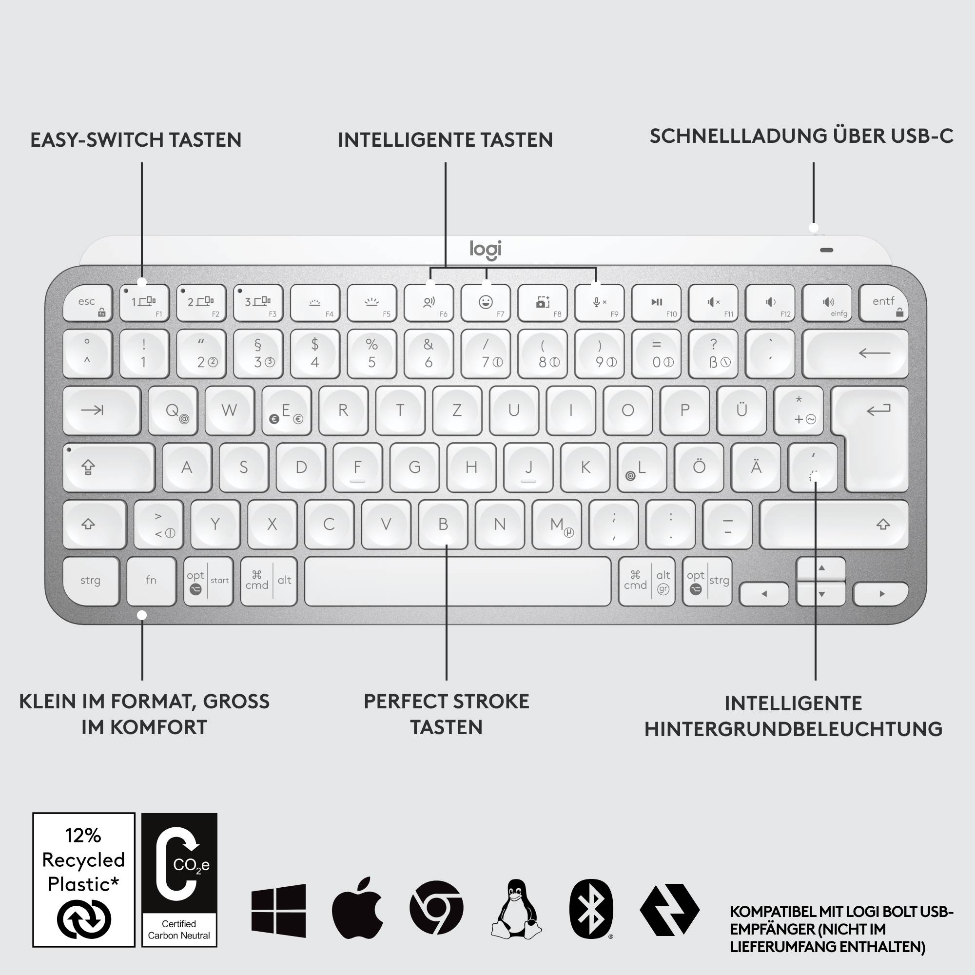 Wireless keyboard with Easy-Switch keys, intelligent backlighting, and rapid USB-C charging. Sustainable design.