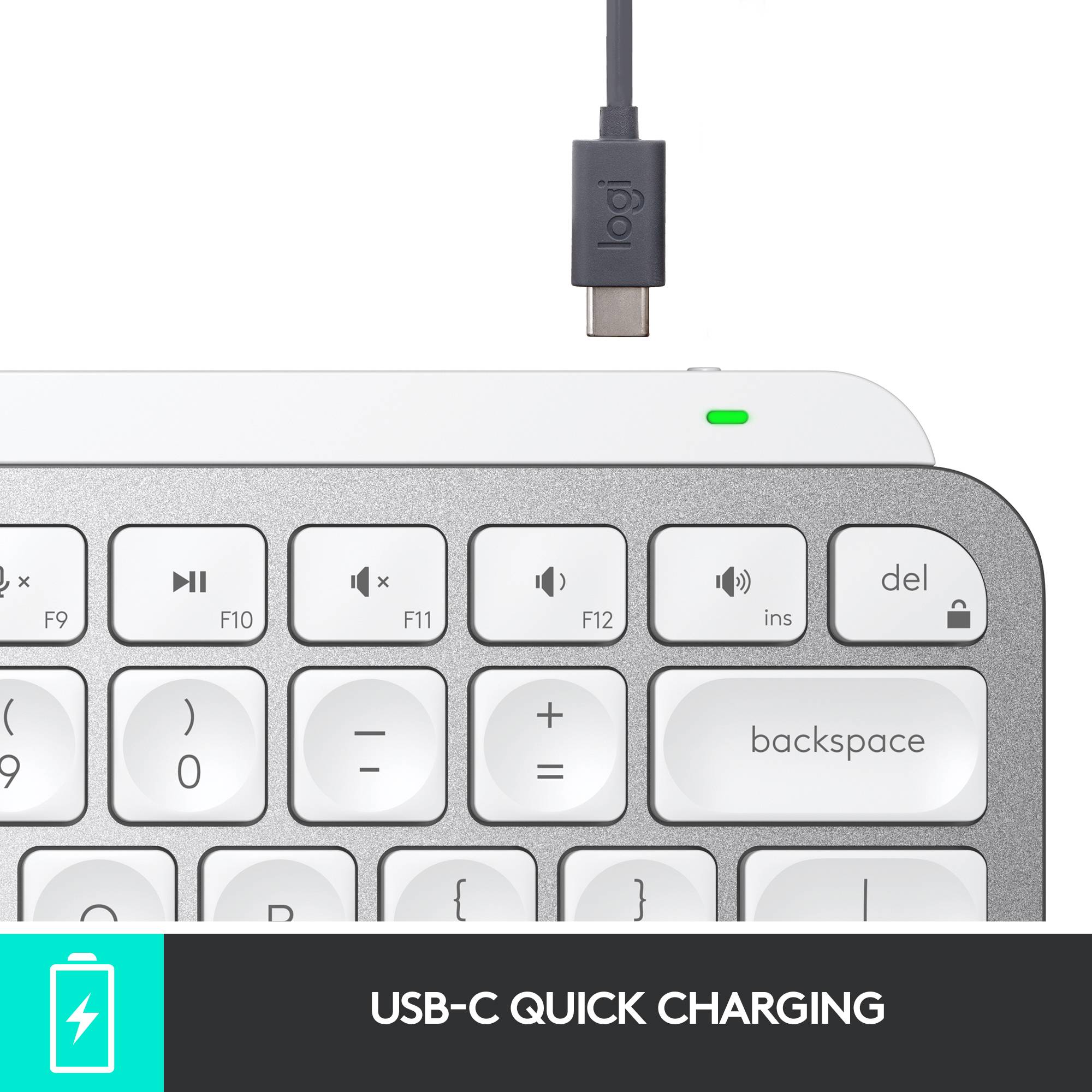 Keyboard with USB-C port at the top, charging symbol below, text reading 'USB-C Quick Charging'; demonstrates rapid charging via USB-C.
