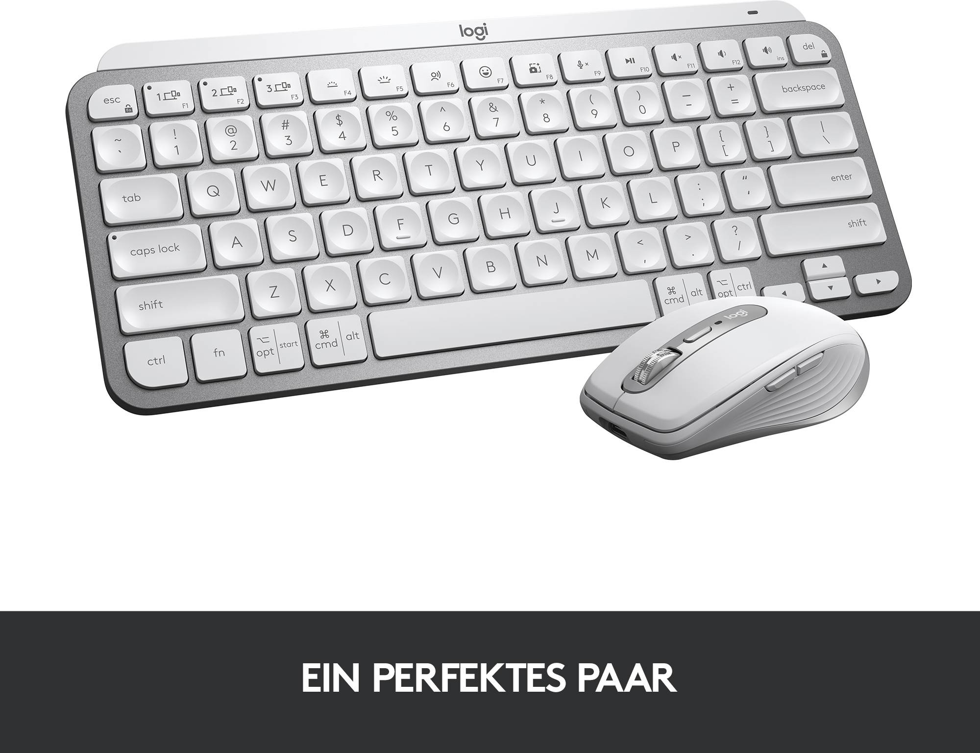 White keyboard and mouse on grey background with the text 'A Perfect Pair'