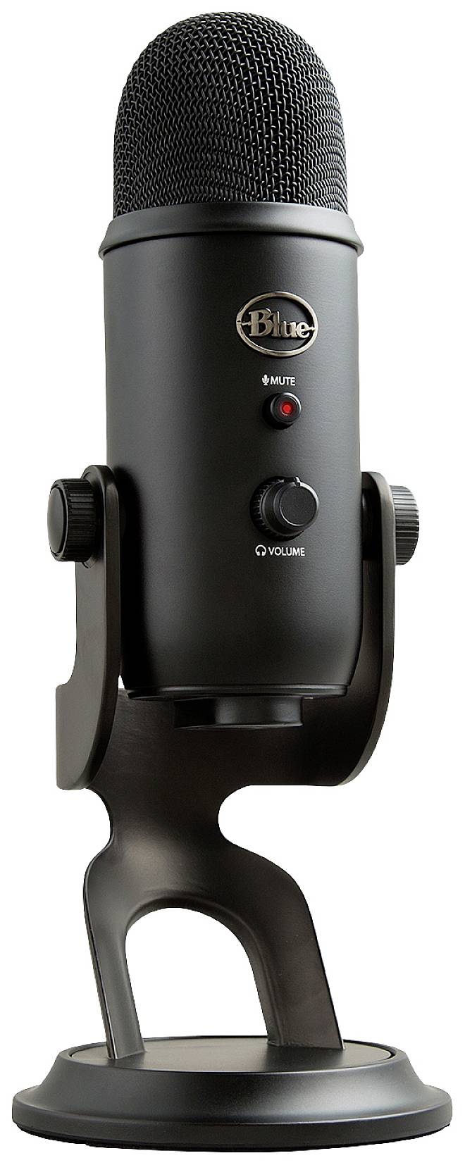 Black USB microphone on stand with volume control and mute button, suitable for podcast recordings and streaming.