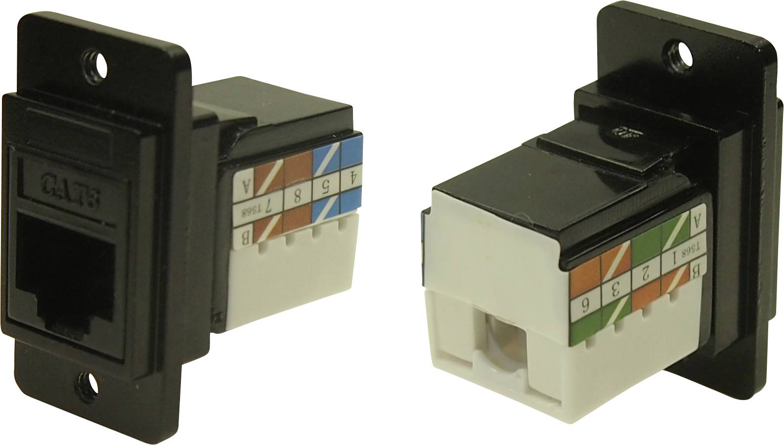Two RJ45 keystone modules with colour-coded cable connections for network installation. The front is shown on the left, with the rear view on the right.