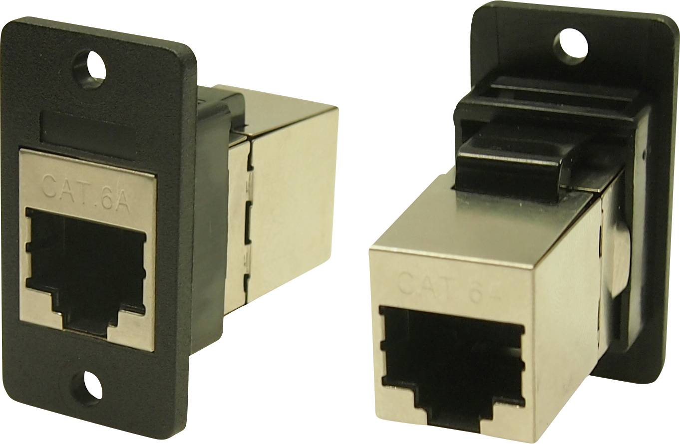 Two CAT 6A network connectors, black and metallic. They are suitable for wall mounting, with RJ45 sockets.
