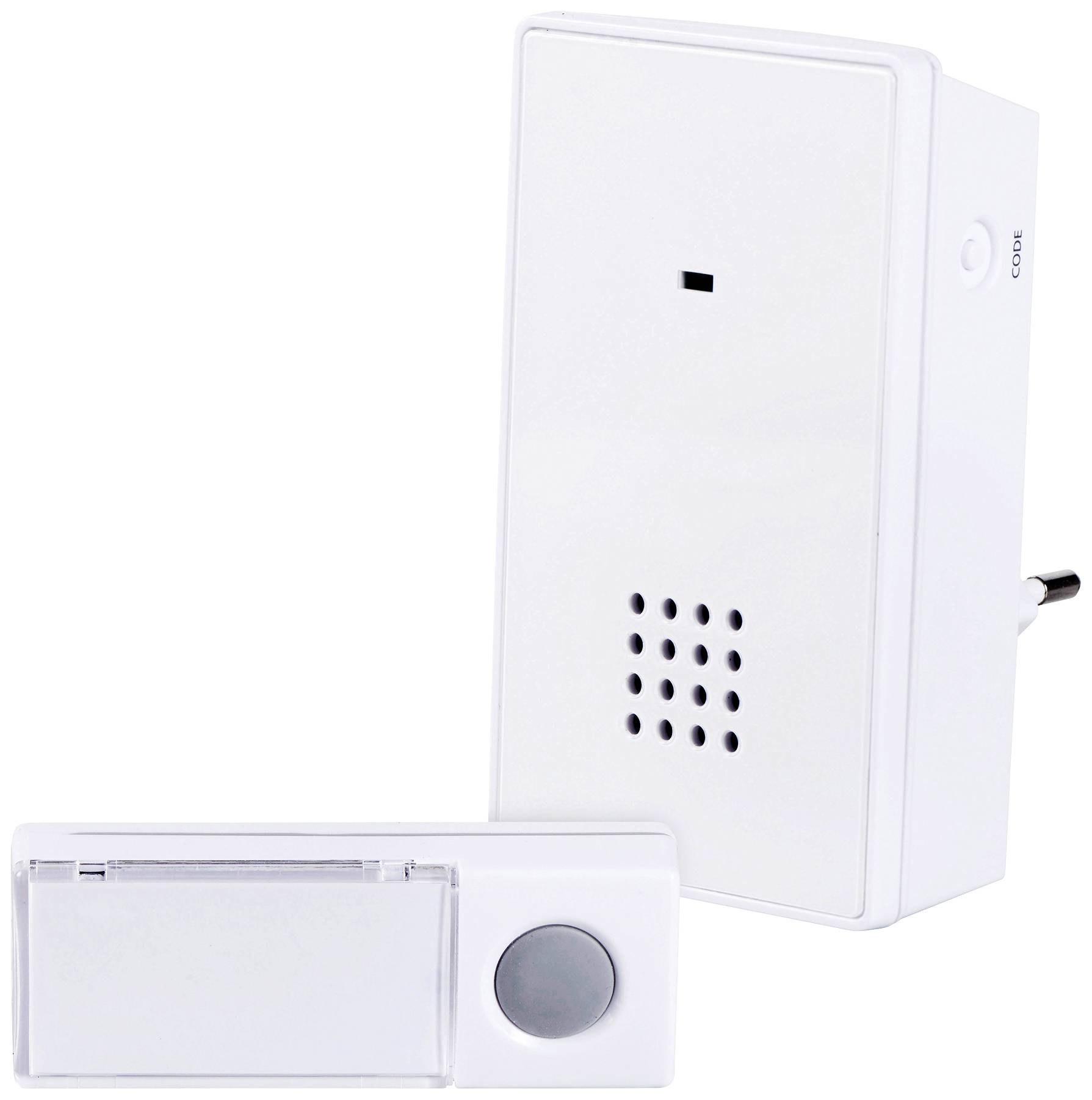 Doorbell set with wireless doorbell and receiver. The receiver is plugged into a power socket.