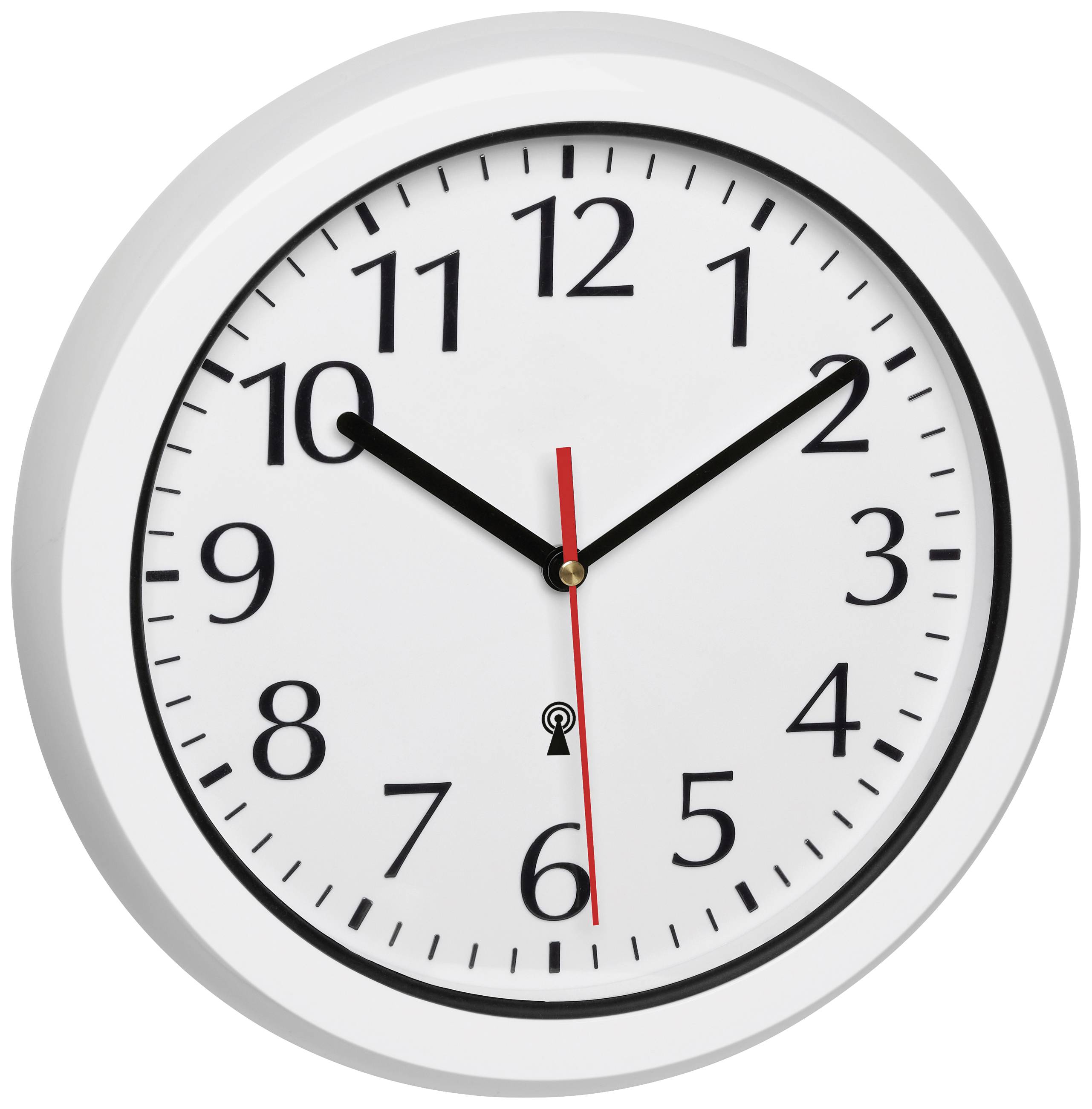 An analogue wall clock shows ten ten. The clock has a white dial and black numbers and hands, with a red second hand.