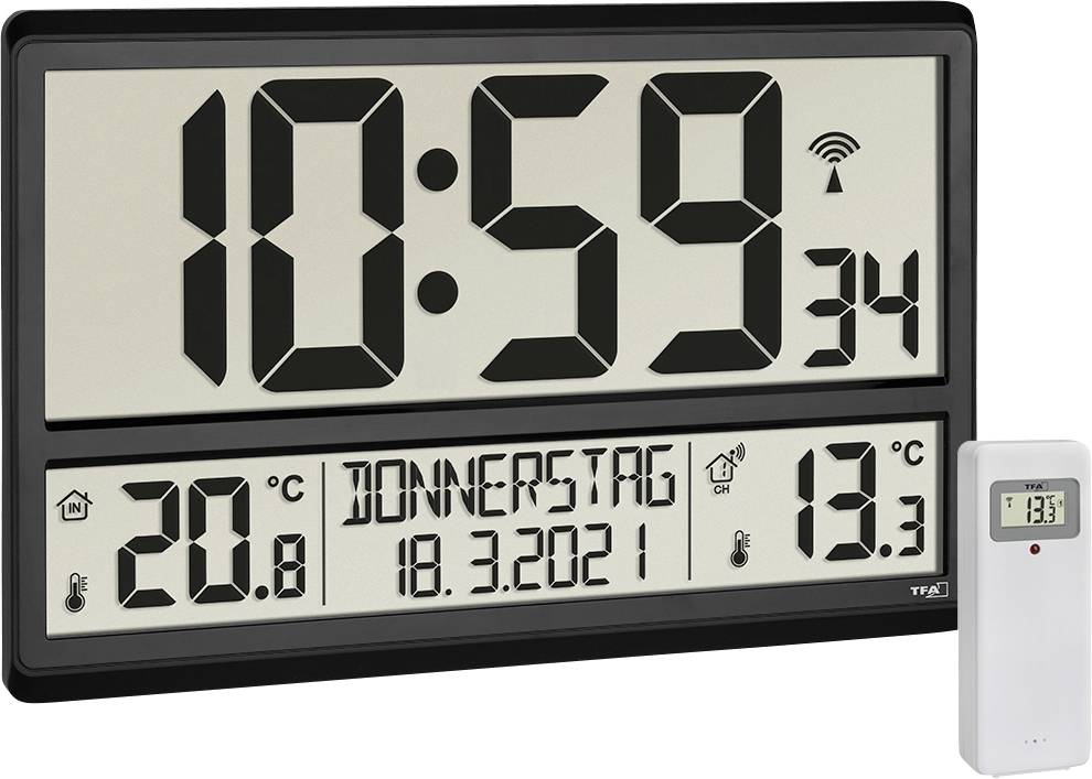 Digital wall clock shows 10:59, date 'Thursday 18.3.2021', room temperature 20.8°C, outside 13.3°C. Includes remote control.