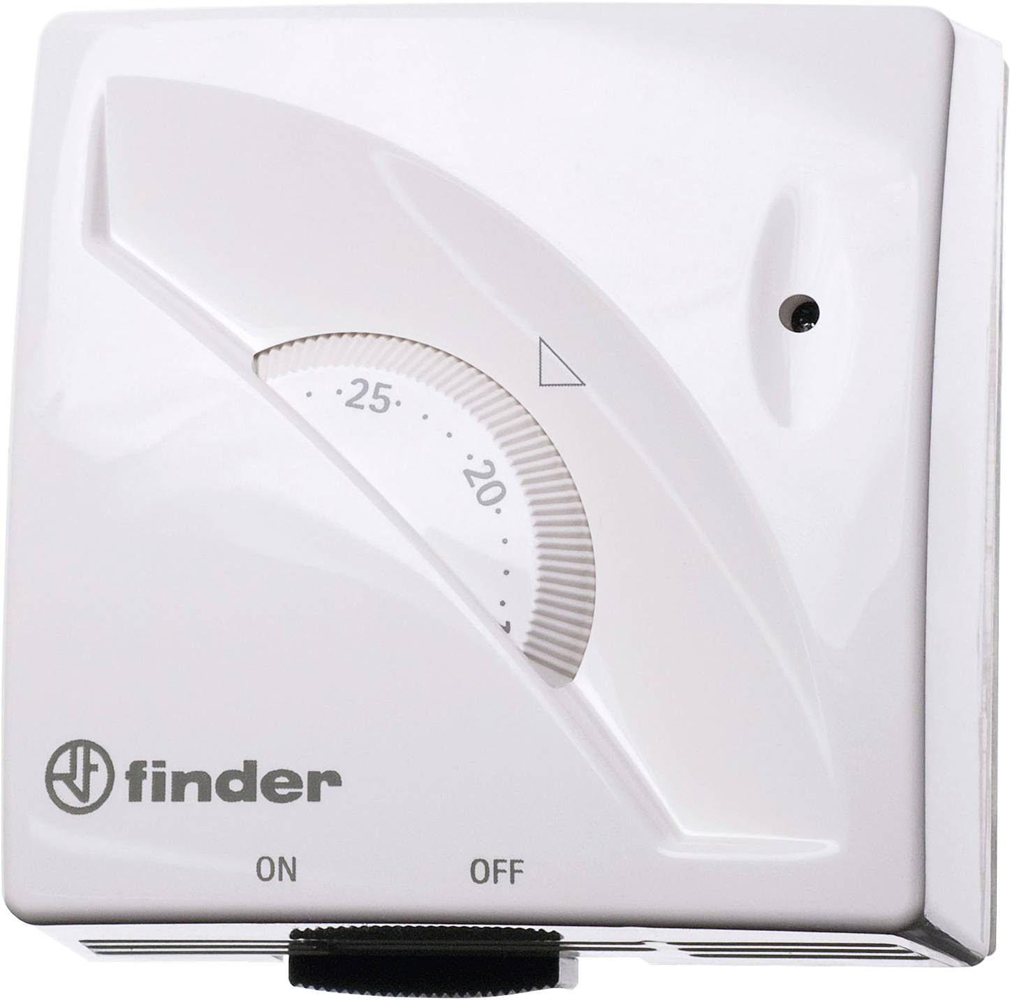 A white room thermostat with a rotary control ranging from 5 to 30 degrees Celsius. Markings indicate the current temperature setting.