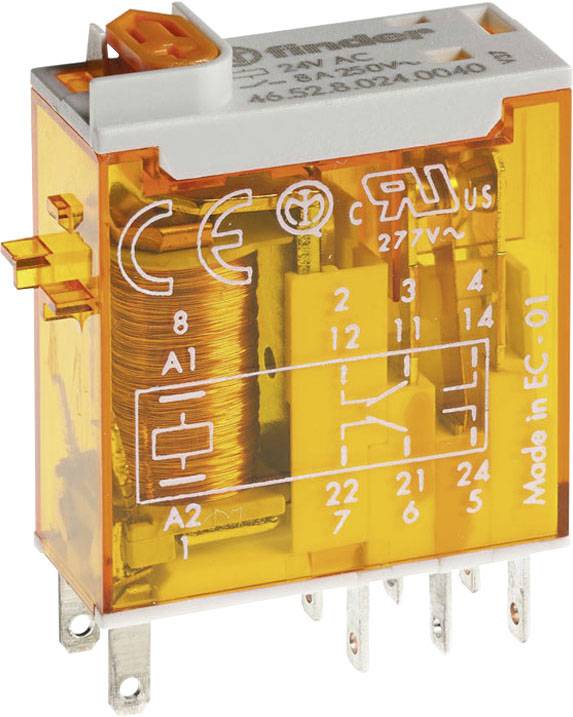 An orange electromagnetic relay with printed specifications: 24V AC, 8A, multiple terminal connections.