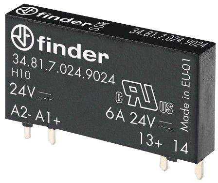 Black relay with the inscription 'Finder 34.81.7.024.9024'. Input and output markings for voltage and current.