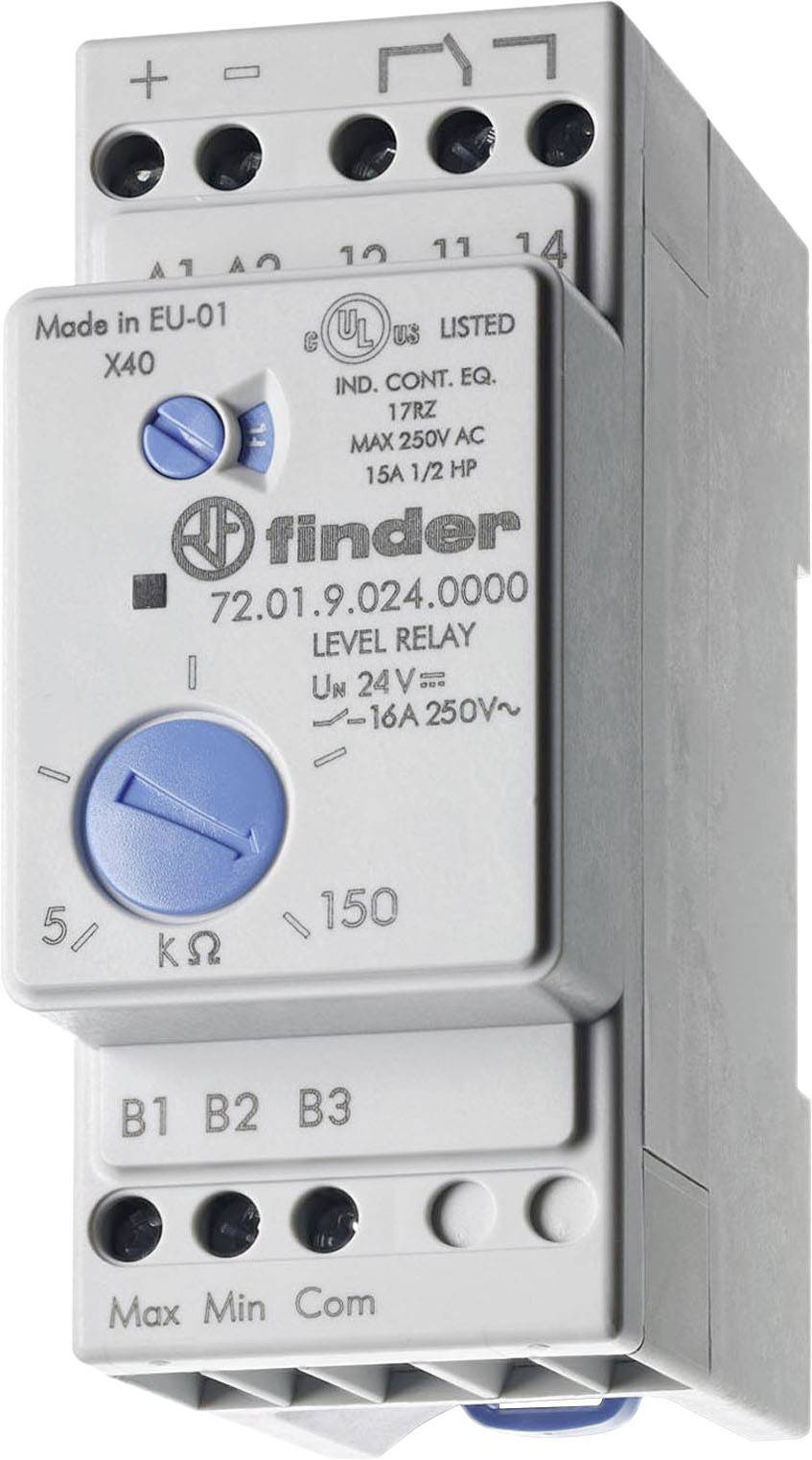 A grey-blue Finder relay, Model 72.01.9.024.0000. It has adjustment knobs for voltage and resistance. Manufactured in the EU.