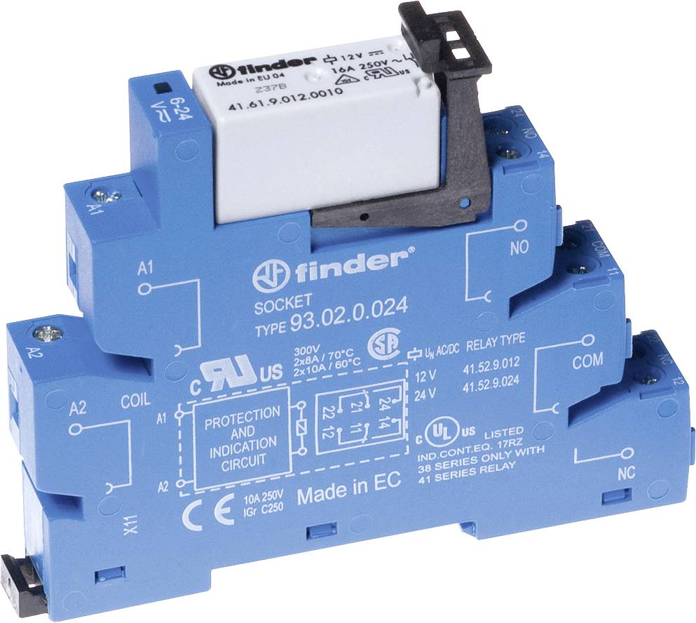 Blue electrical socket by Finder, type 93.02.0.024, with protective and indication unit, suitable for various relays.