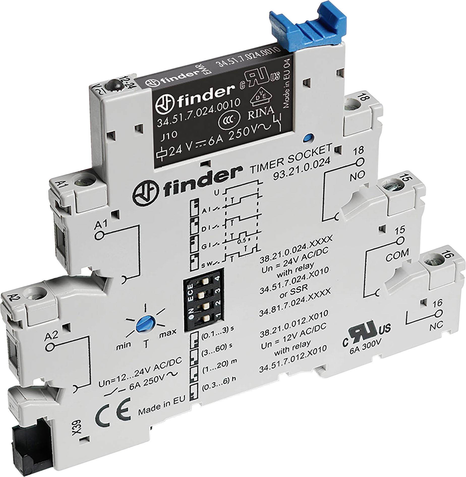 A grey time relay base with a blue adjustment screw and labels for electrical connections and specifications.