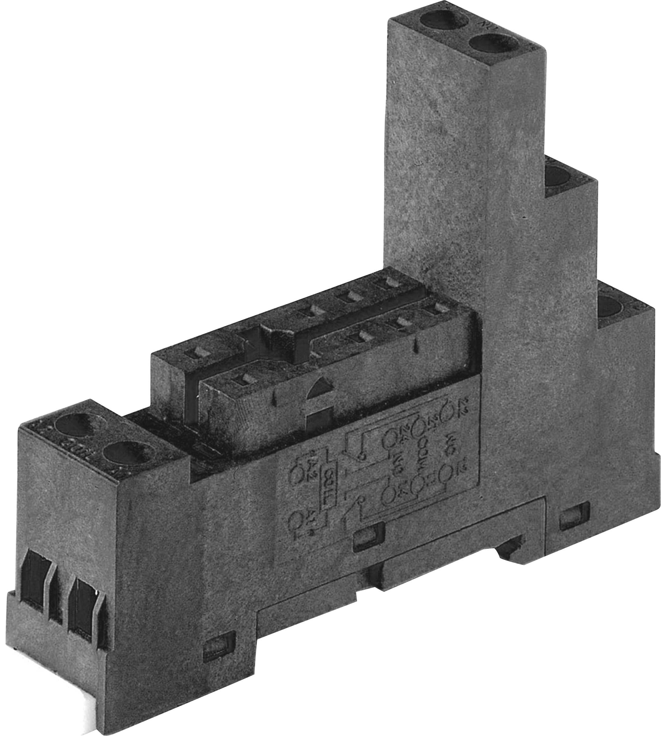 Black electric multi-socket with mounting bracket. Used for electrical circuits.