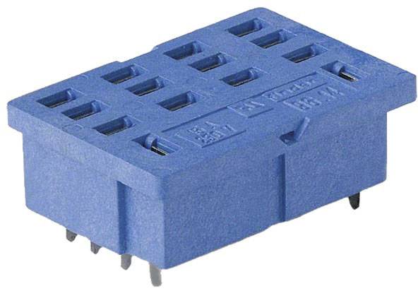 A blue electronic connector with multiple pins, rectangular in shape, lying on a white surface.