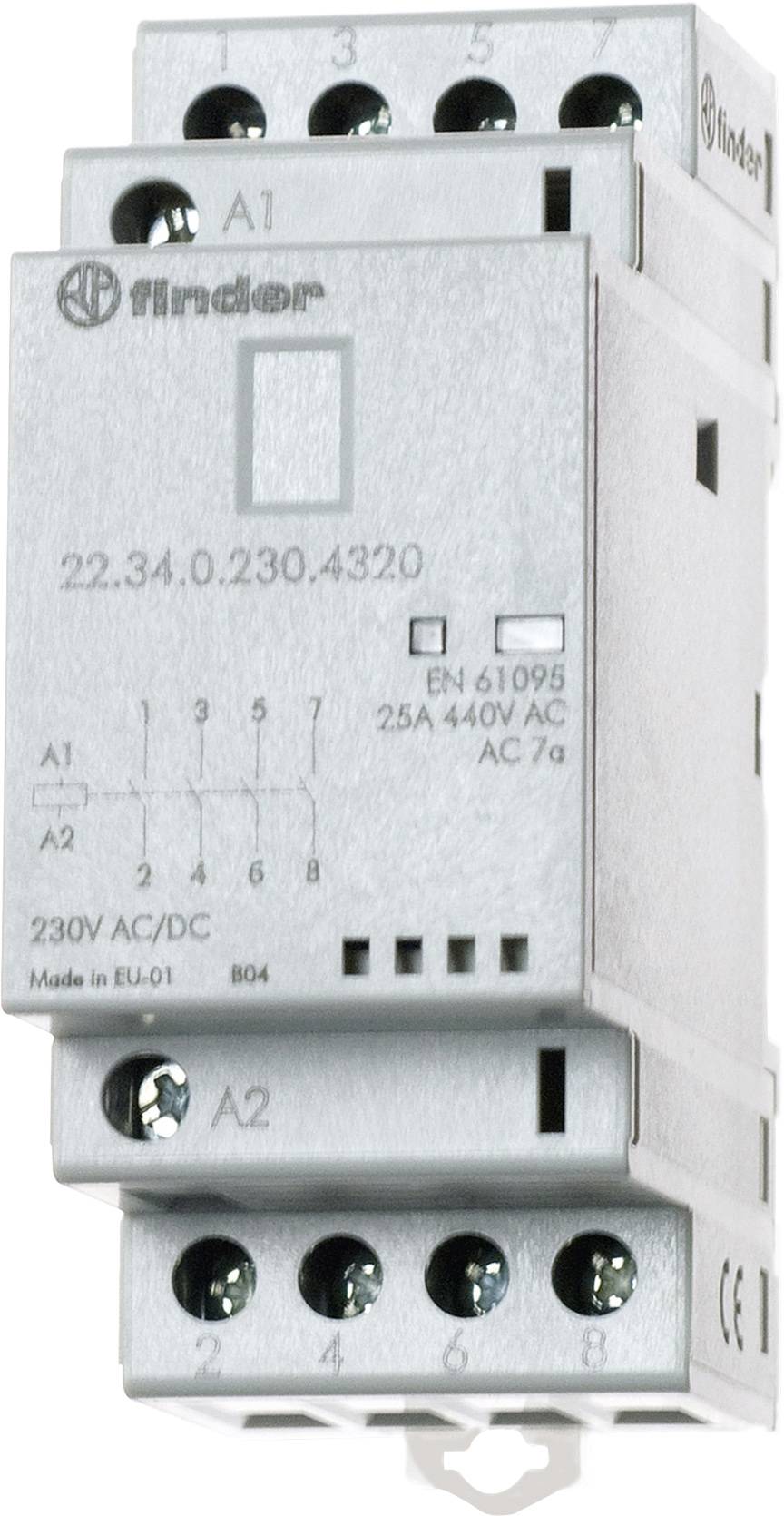 A grey electrical relay with multiple screw terminals at the top and bottom, suitable for 230V AC/DC, bearing the 'Finder' brand label.