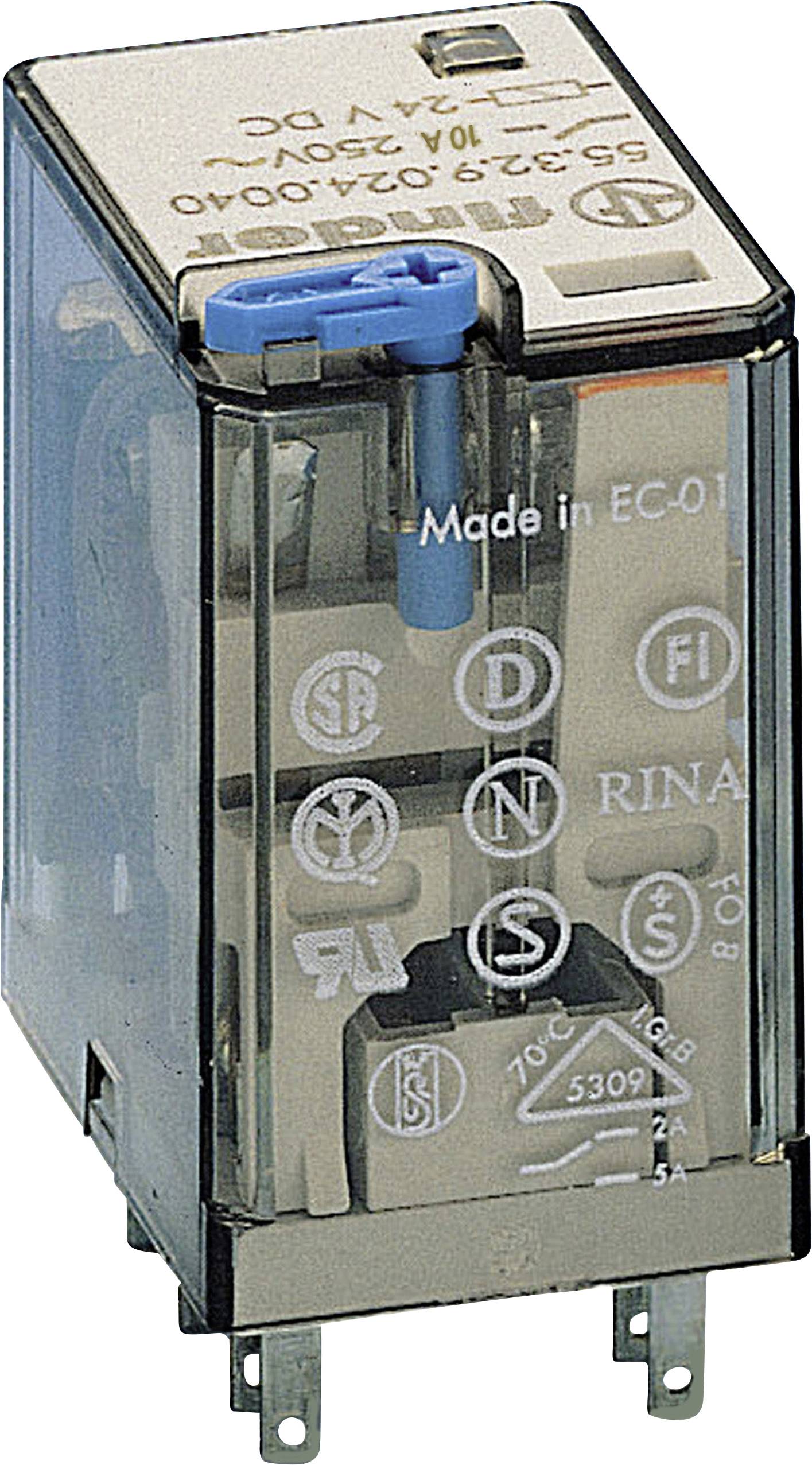 A transparent relay with a blue plastic cover, bearing various test marks and a serial number on the front.