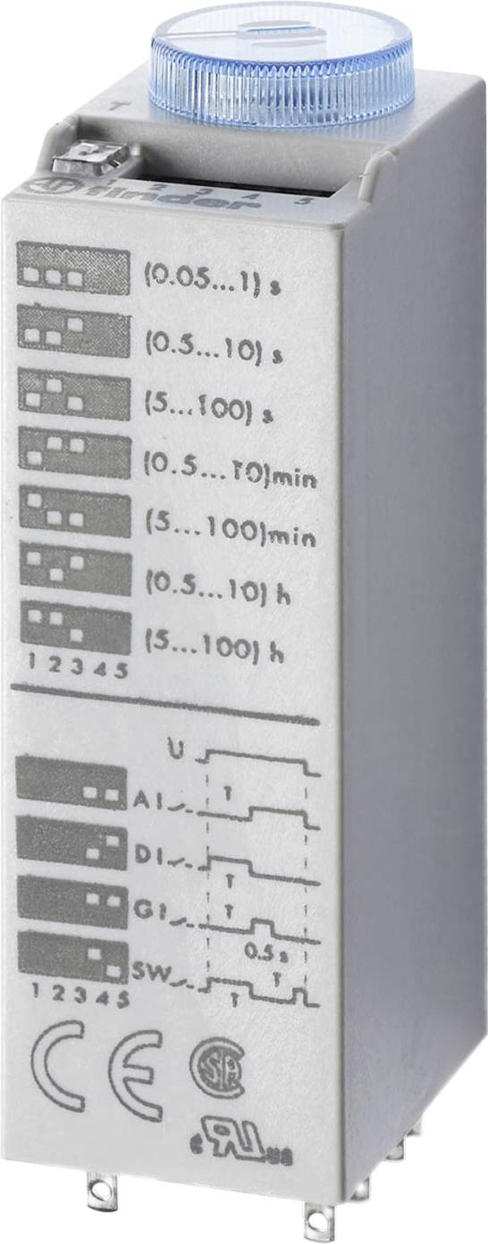 A time relay with variable adjustment. Scales for time ranges from seconds to hours on the side, blue rotary dial on top.