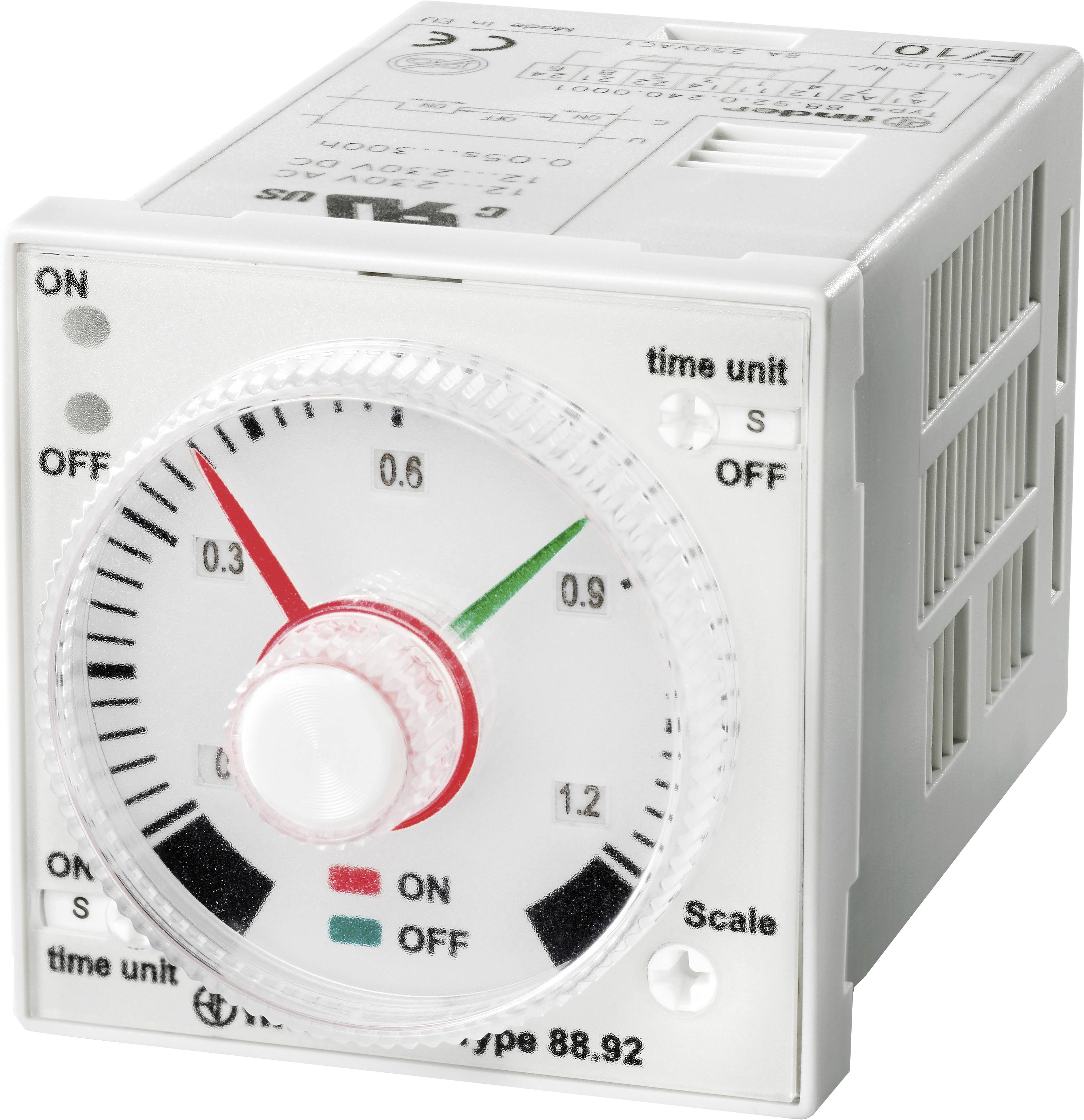 Analogue time relay with rotary knob, scale and indicator lamps for On/Off. Time unit markings and adjustment options are visible on top.