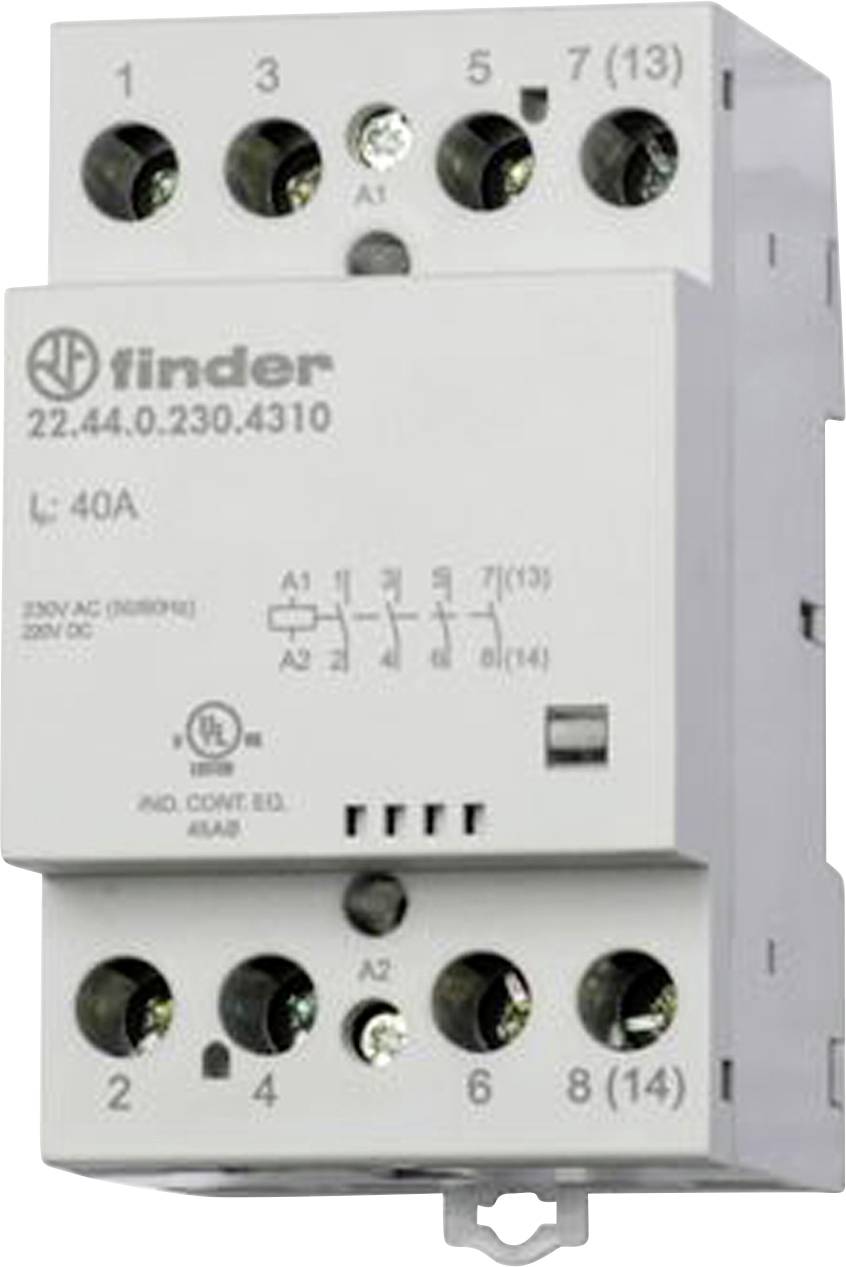 Electrical relay, type 'Finder 22.44.0.230.4310', 40A, with various connection terminals and model-specific markings.