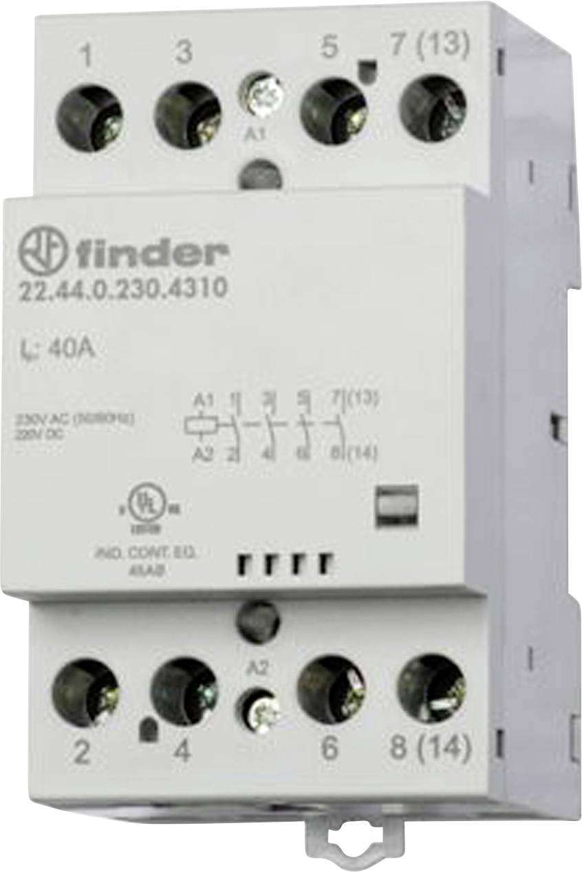 A Finder electrical relay, model number 22.44.0.230.4310, rated for 40A at 230V AC. It displays connection terminals and technical details.