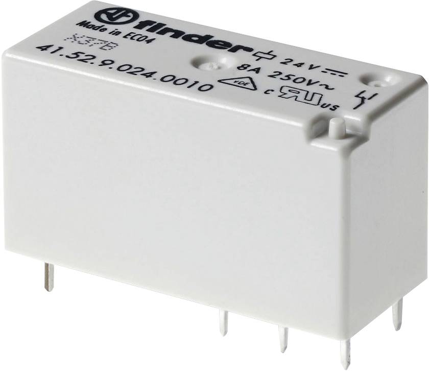 A white relay with the marking '24V 8A 250V'. Compact component with four connection pins, suitable for electronic circuits.