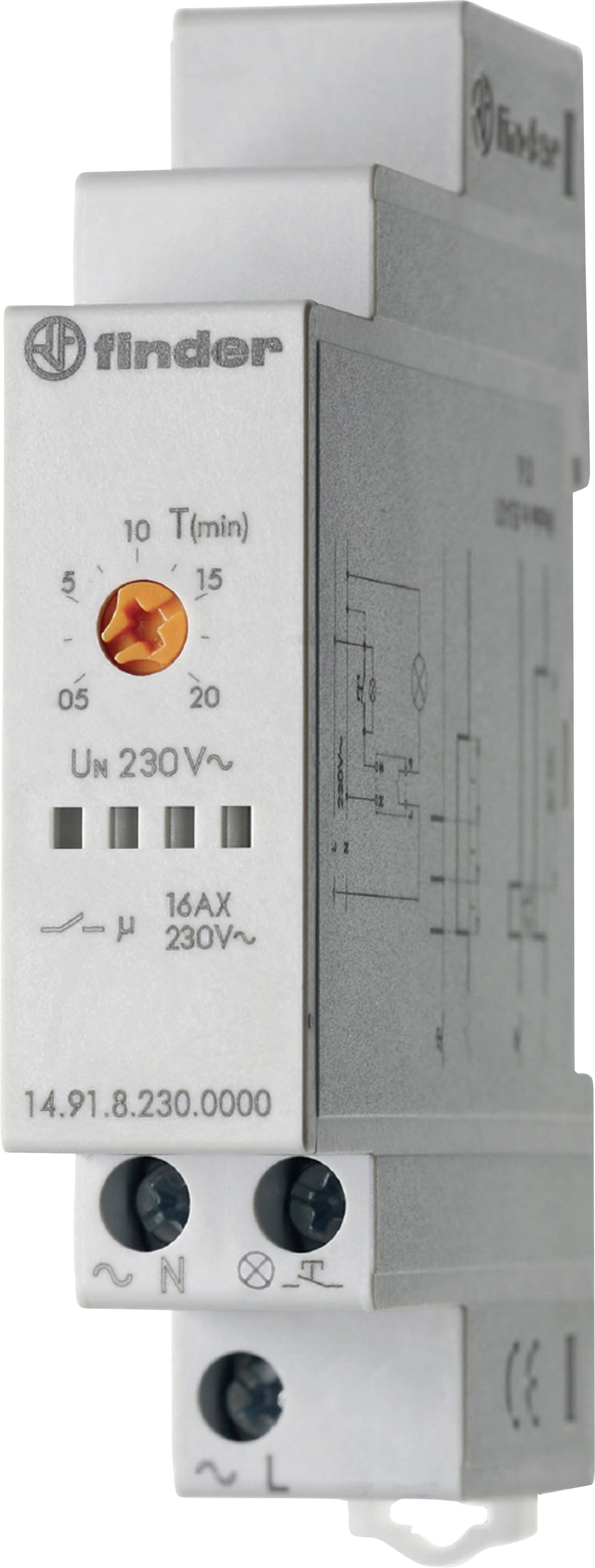 A grey electrical switching device by Finder with a diagram and settings for time and voltage, mounted on a DIN rail.