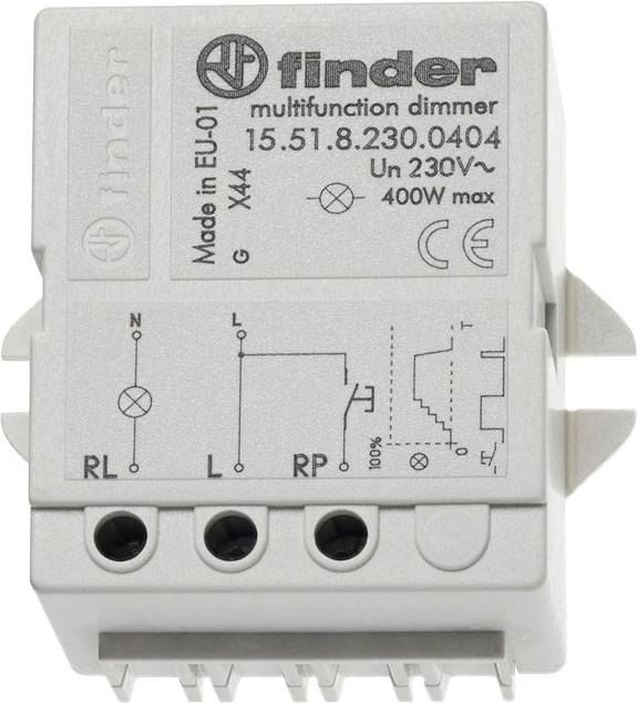 A multifunctional dimmer by Finder, Model 15.51.8.230.0404, suitable for up to 400W. Connections marked RL, LL, RP.