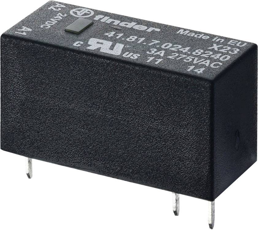 Black rectangular relay block with metal pins, labelling on the surface, including model number and electrical specifications.