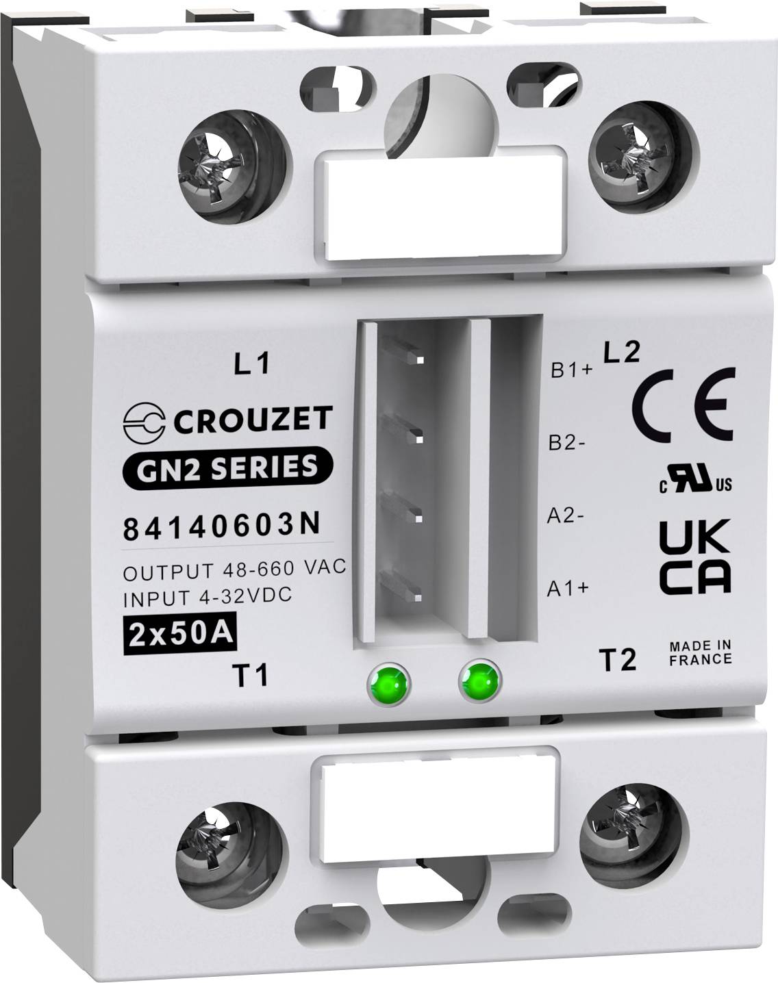 An electrical component, identified as 'Crouzet GN2 Series', with connection terminals and specifications of 48-660 VAC and 2x50A.