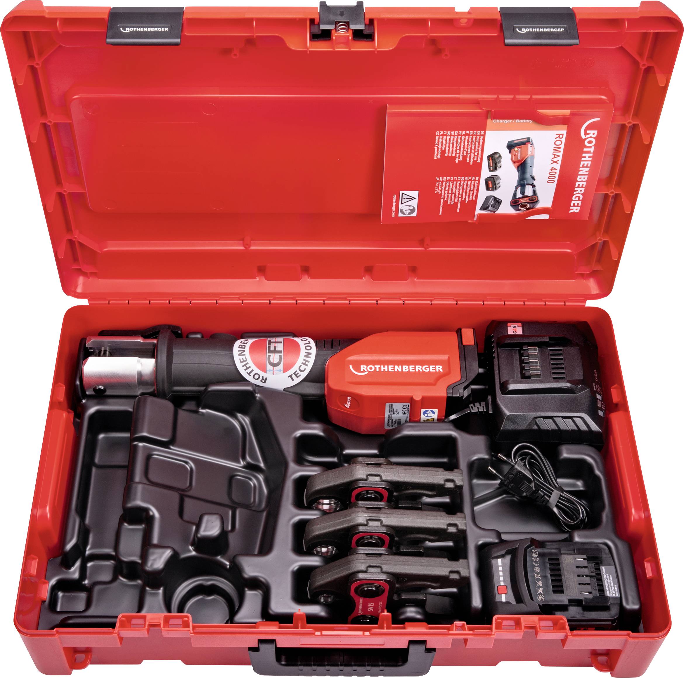 Open red toolbox with drill, charger and accessory parts, organised in matching compartments, marked with 'ROTHENBERGER'.