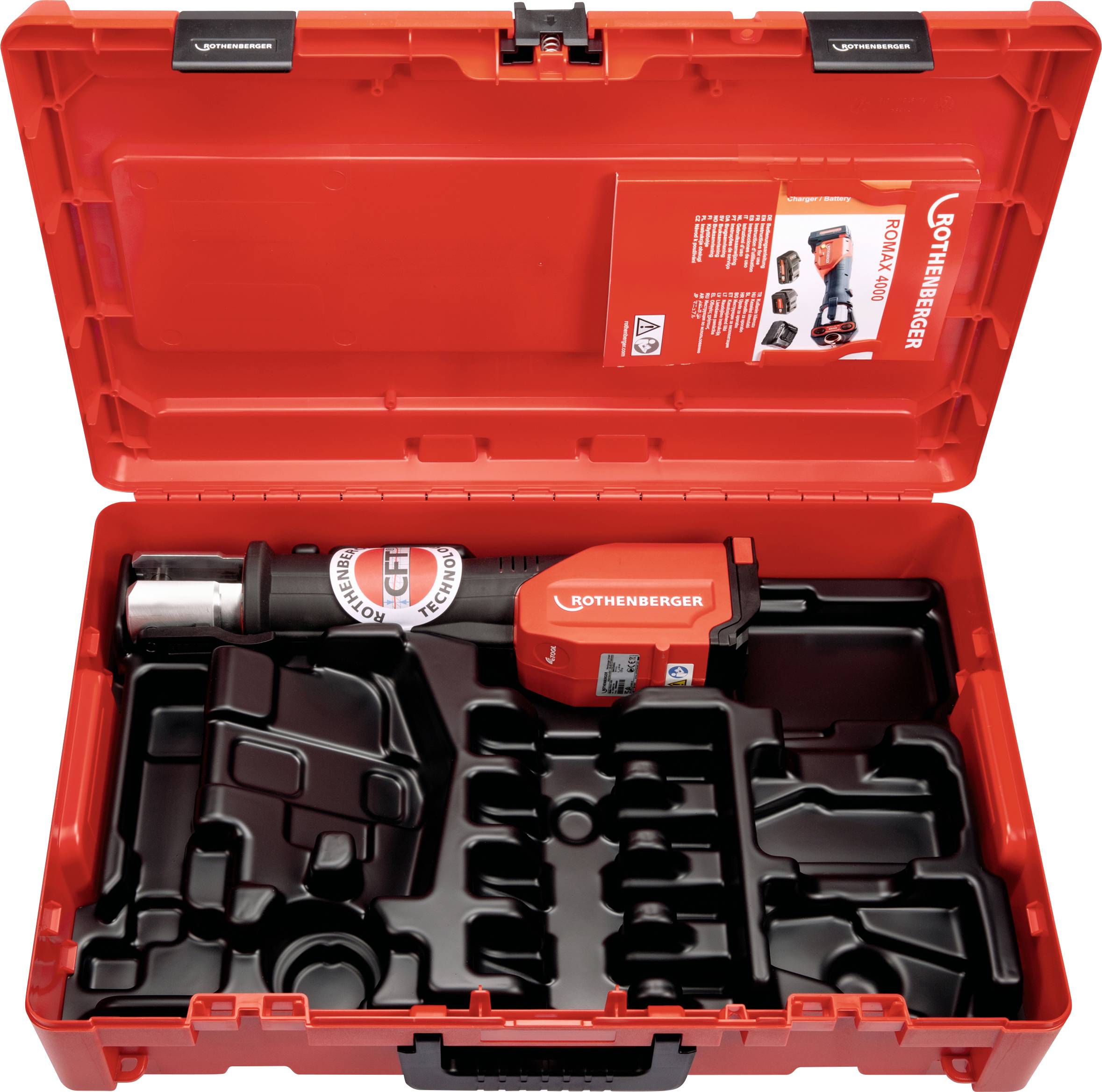 Red tool case with electric tools and accessories, open lid revealing interior compartments for secure storage of contents.