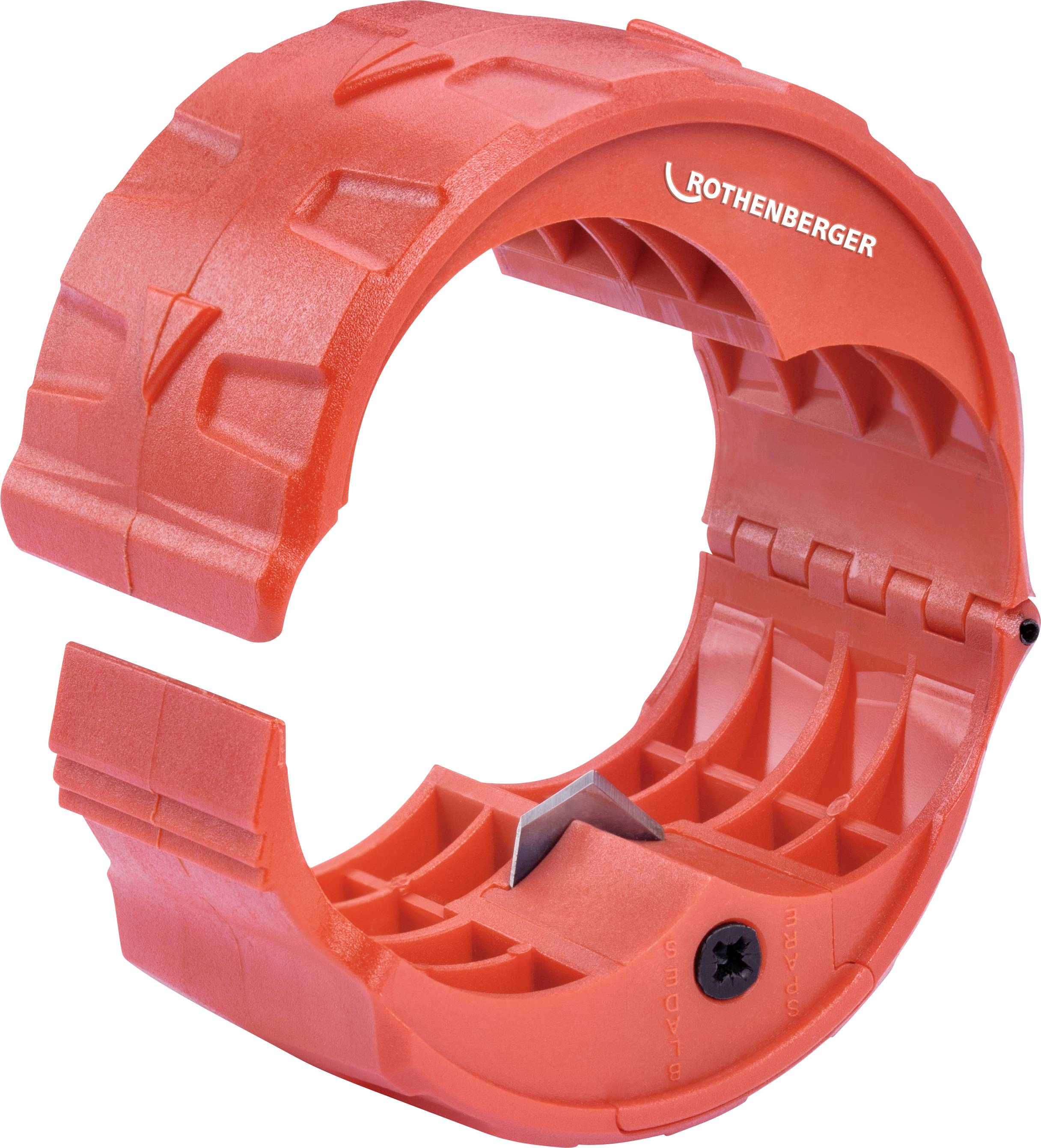A red plastic pipe cutting tool, partially open, with a sharp metal blade inside.