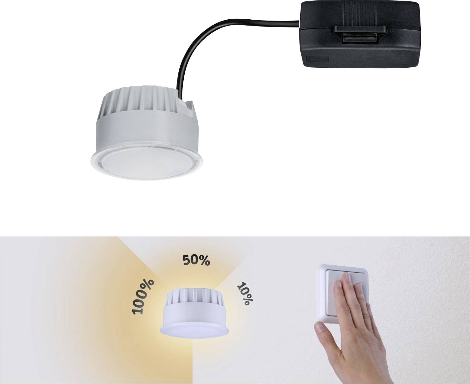 A white LED lamp with a connected black power adapter. Below, a dimmer symbol with levels of 10%, 50%, and 100%. On the right, a hand operating a light switch.