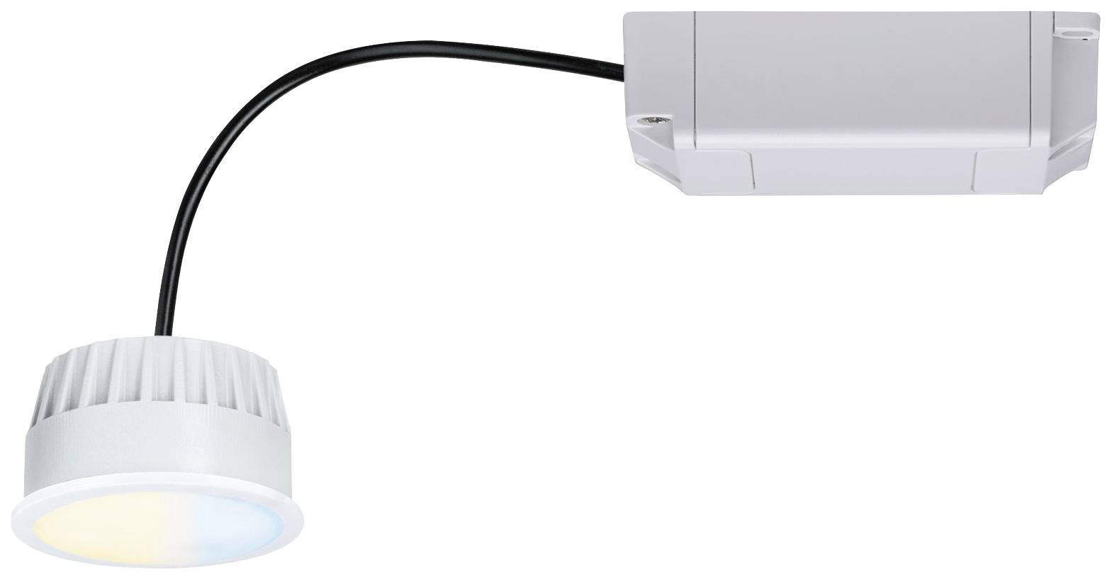 A white LED light with a cable connected to a rectangular grey housing is showing a mixed blue-yellow light.