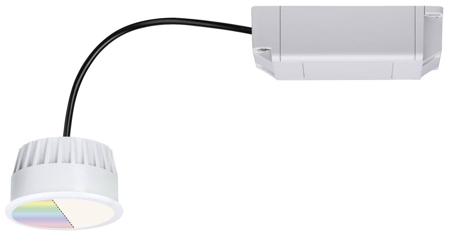 White LED spotlight with flexible mount and cable, connected to a rectangular grey housing. Suitable for ceiling mounting.