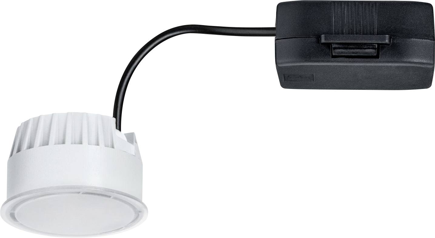A white LED spotlight with a connected black transformer, suitable for installation in suspended ceilings.