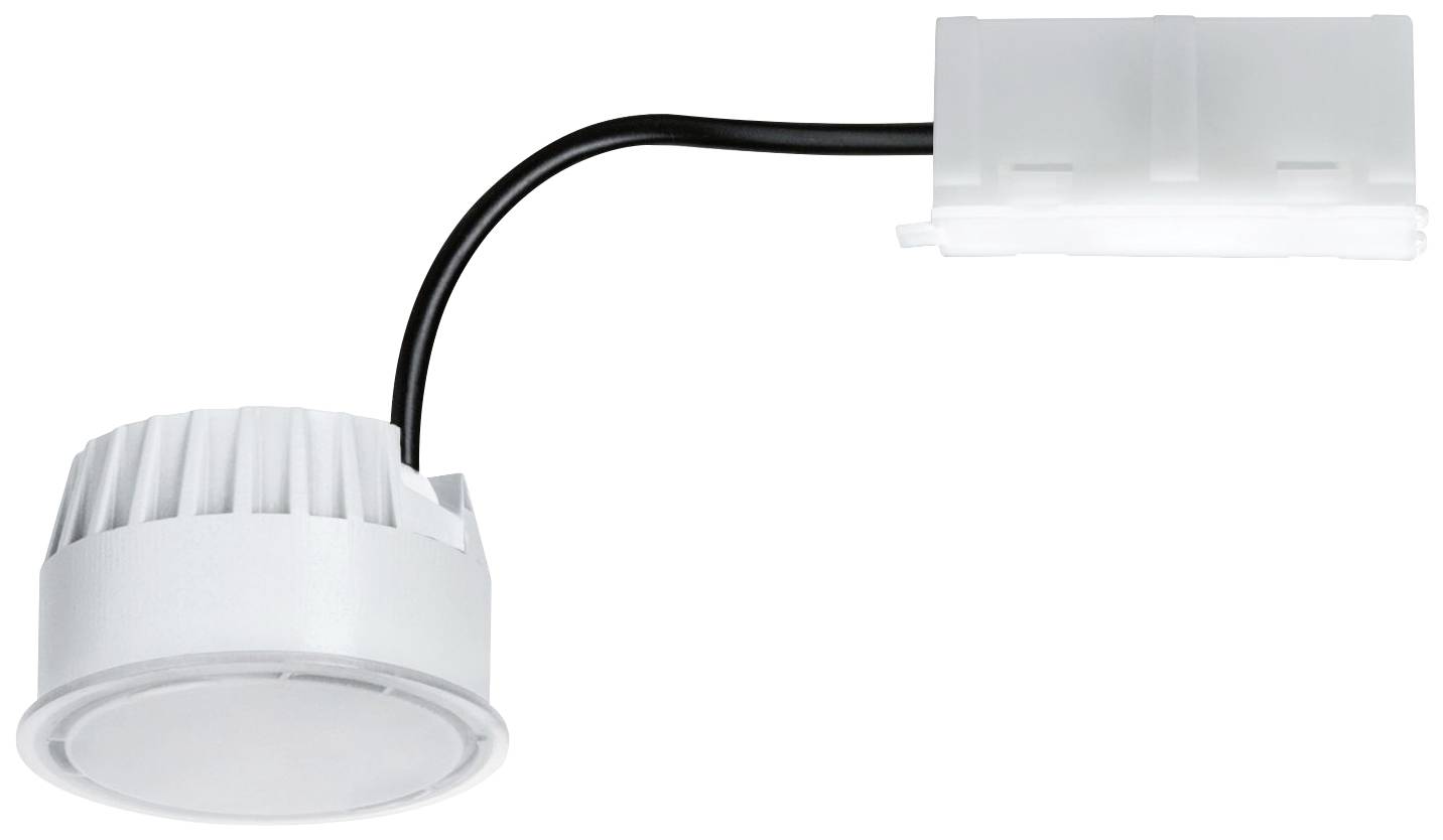 A round LED spotlight with heat sinks and a black cable leading to a white plug. Ideal for ceiling mounting.