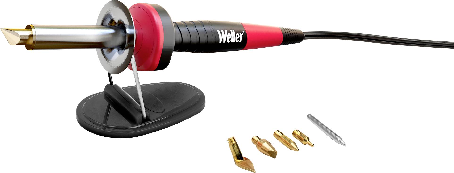 Soldering iron on a stand with a red handle, surrounded by five different soldering tips.