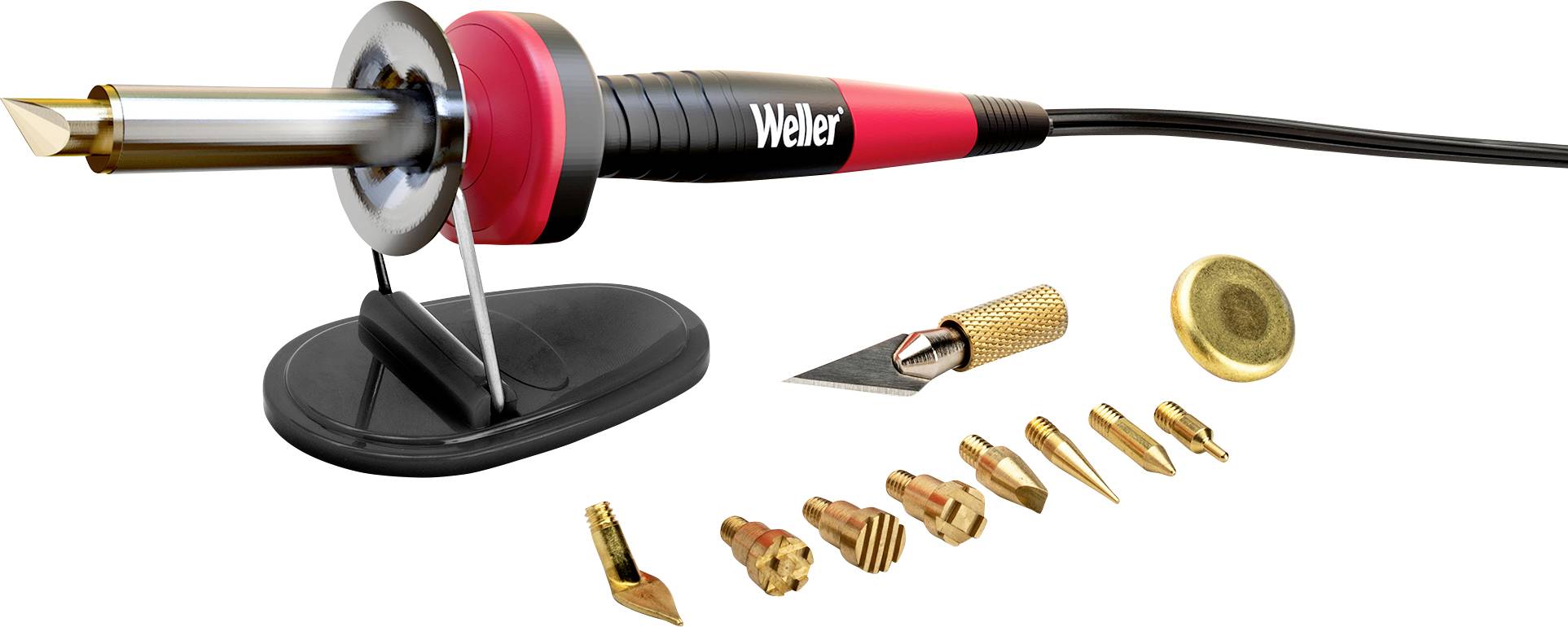 Soldering iron with a red handle on a stand, surrounded by various interchangeable tips and a small cutting tool.