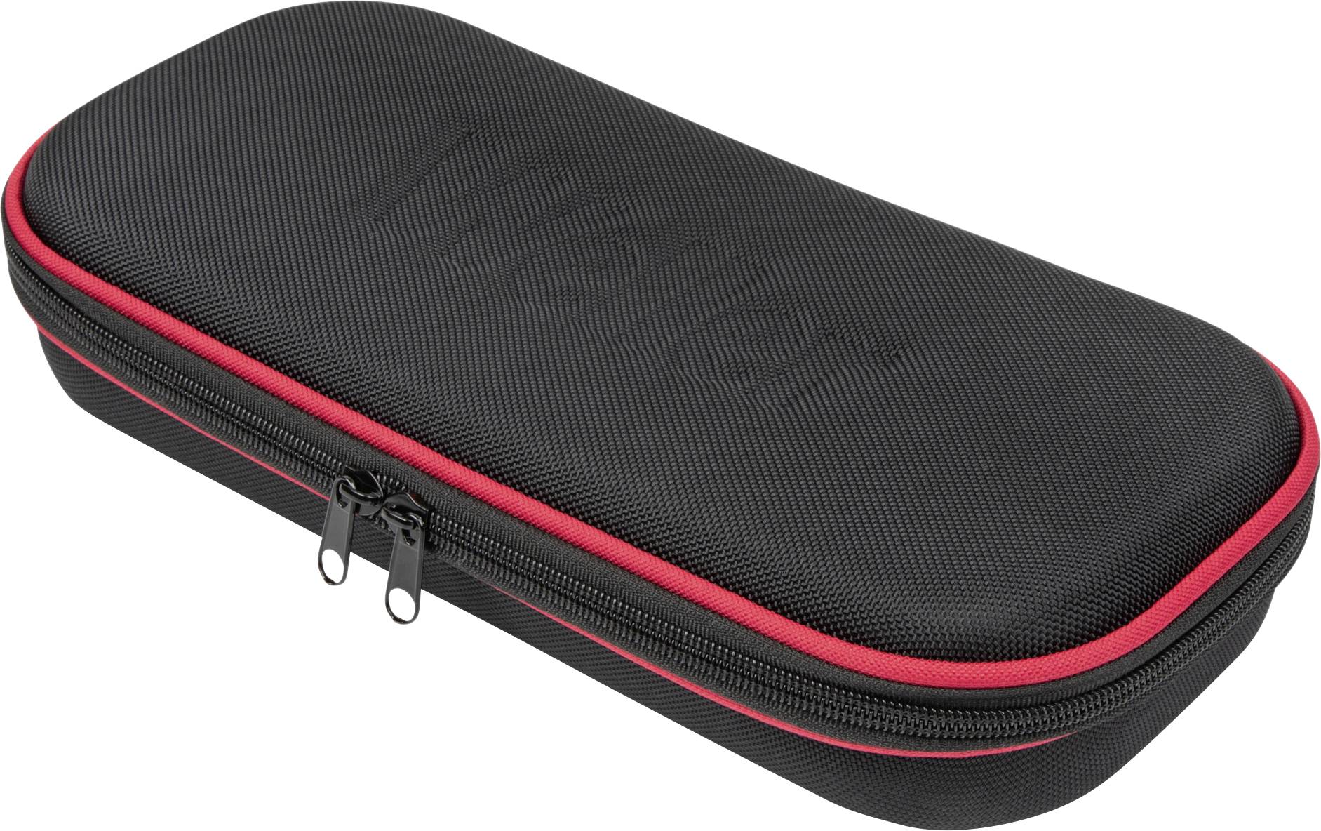 A rectangular, black hard-shell case with a red zip, suitable for storing small electronic devices.